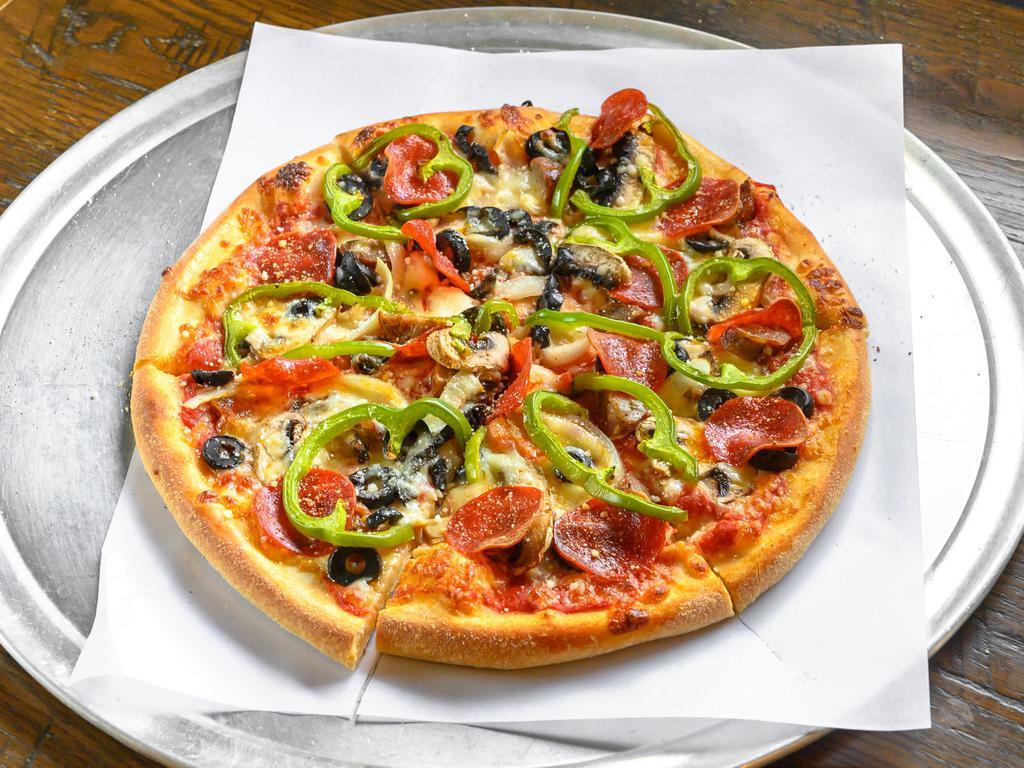 Francisco Pizza · Sausage, pepperoni, onion, peppers, mushrooms, olives, sauce and mozzarella.
