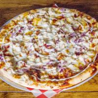 Chicken Bacon Ranch Pizza · Ranch dressing, grilled chicken, cheese, red onion and bacon.