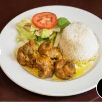 Curry Chicken · Seasoned with our authentic blended curry powder. Served with rice and peas or white rice, s...