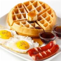 Waffle Platter · Includes a Our house-made golden-brown Belgian waffle and Waffle Platter is served with eggs...