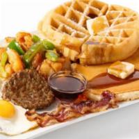 Breakfast Sampler · Includes a Our house-made golden-brown Belgian waffle and Pancake is served with 1 Golden Br...