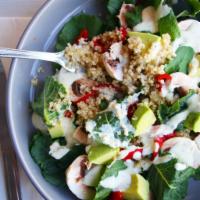 Quinoa Salad · quinoa, greens, roasted peppers, mushrooms, avocado,
and 4 peppers dressing