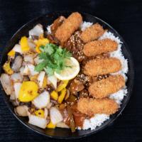 Fried Tofu Plate · Vegetable fried tofu (contains egg), topped with a tangy bbq glaze and caramelized onions, s...
