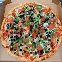 Da Works Pizza · Pepperoni, green peppers, onions, black olives, mushrooms, sausage and Roma tomatoes. Take o...