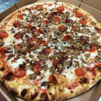 Sicilian Wall Street Pizza · Our delicious pie topped with 3 types of meat pepperoni, sausage and bacon. Plus mushrooms t...