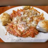 Traditional New York Baked Ziti · Vegetarian delights. Oven baked penne pasta, marinara, ricotta and melted mozzarella.