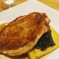 Roasted Chicken with Sage  · roasted chicken | sage champagne-butter sauce | polenta cake | swiss chard