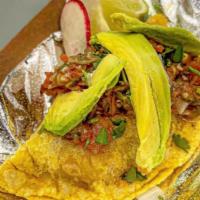 Shrimp Taco · Crispy tortilla, marinated shrimp, avocado, fire-roasted salsa.