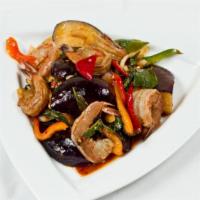Eggplant Basil · Sauteed eggplant with bean curd, onion, basil leaves and bell pepper.