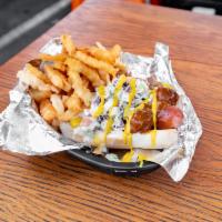 Southern Style Slaw Dog Combo · Bacon wrapped hotdog topped with bed of chili, slaw and mustard. Comes with your choice of d...