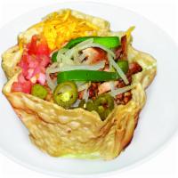 54. Chicken Fajita Tostada Salad · Crispy flour tortilla shell filled with chopped lettuce, tomato, jalapenos, onions, peppers ...
