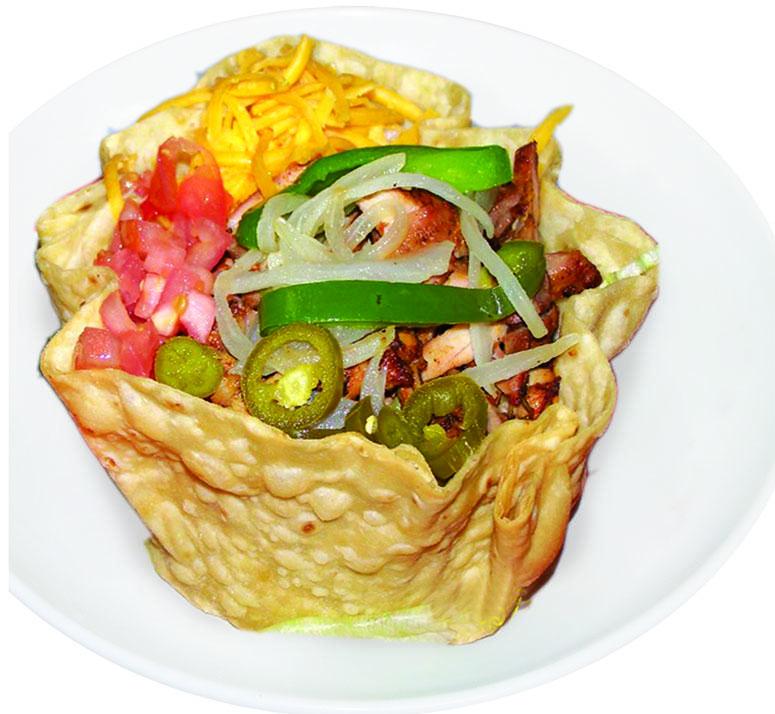 54. Chicken Fajita Tostada Salad · Crispy flour tortilla shell filled with chopped lettuce, tomato, jalapenos, onions, peppers and cheese (Salsa & sourcream on the side)
