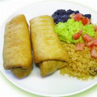 K4. Chicken Chimichanga · Two deep fried stuffed tortillas with melted cheese & served with mexican rice, black or pin...