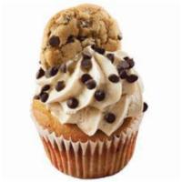 Chocolate Chip Cookie Dough Cupcake · Chocolate chip cookie cake with cookie dough frosting, sprinkled with chocolate chips, toppe...