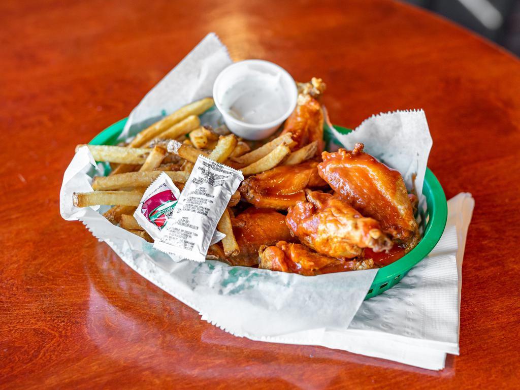 8 Pieces Hot Wings & Fries · 8 wings with your choice of hot wing sauce, honey suckle, gourmet, BBQ sauce, extra hot, honey BBQ, teriyaki.