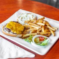 American Cheese Burger · American cheese, pickles, lettuce, onion, and fries.