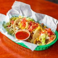 On Point Tacos · 3 Ground beef Tacos served with lettuce tomatoes and cheese, with homemade salsa