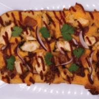 Western BBQ Flatbread · Smoked Bacon, Grilled Chicken, Red Onion, Cheddar Cheese, Topped with Hickory BBQ Sauce and ...