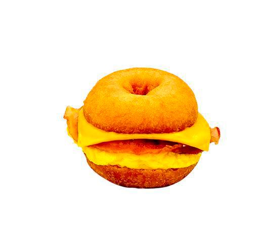 The Uptuck · Signature Donut, Crispy Bacon, Scrambled Egg, Cheese & Maple Glaze.