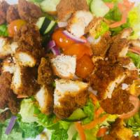 Crispy Chicken Salad · romaine lettuce, crispy chicken, cucumbers, tomatoes, carrots and onions