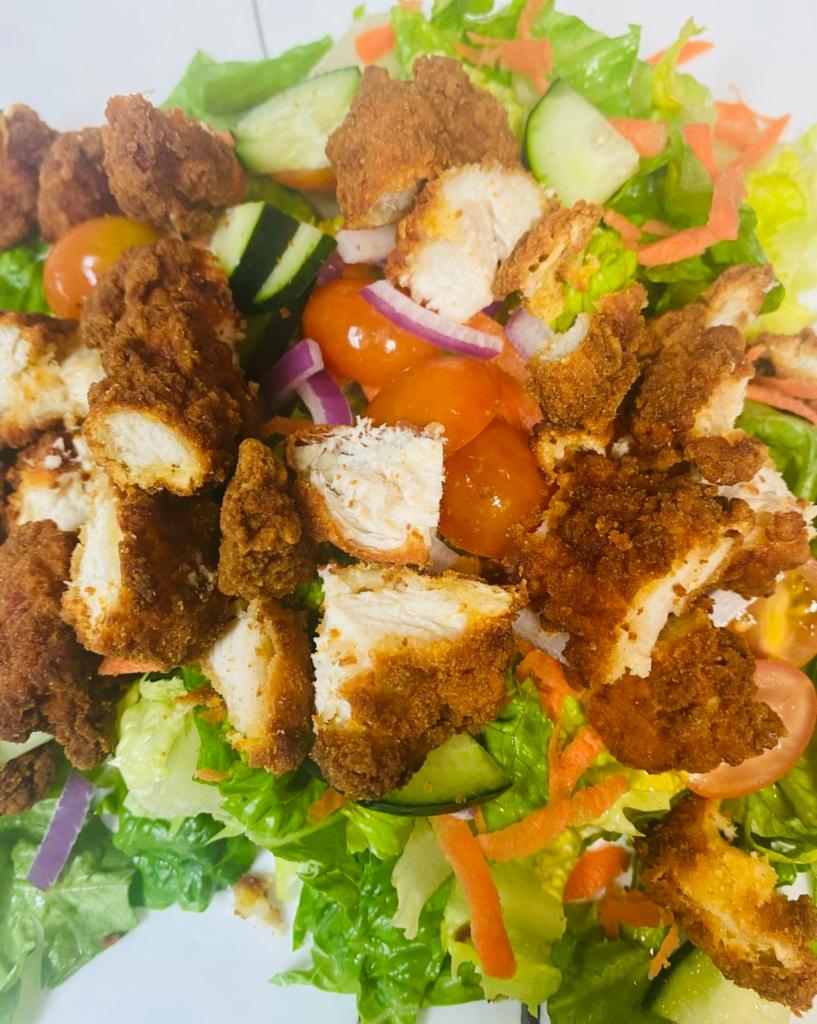 Crispy Chicken Salad · romaine lettuce, crispy chicken, cucumbers, tomatoes, carrots and onions