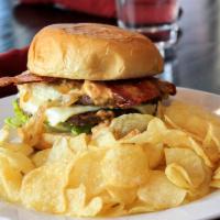 Degree Burger · Smoked Gouda cheese, bacon relish, dijonnaisse, crispy onions served on a brioche bun. Serve...