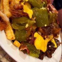 Italian Fries · Topped with long hots, chopped bacon, fried onions & melted cheddar 