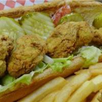 Oyster Po'boy · Four oysters, Sam’s sauce, lettuce, tomatoes, onions, pickles, salt, and pepper.