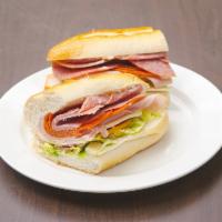 1. Triple Play Hero · Ham. salami, pepperoni, provolone cheese, lettuce, tomato, onions, roasted red peppers and o...