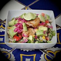 Mayan Shrimp · Lightly fried shrimp tossed in chipotle aioli with fire roasted corn salsa, pickled onions, ...