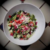 Signature House Salad · Shredded lettuce, cucumbers, tomatoes, queso fresco, and pickled red onions. Served with teq...