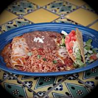 Margaritas Famous Taster · Chicken burrito, cheese enchilada, and ground beef taco. Served with Mexican rice and beans.