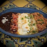 Enchiladas Banderas · 3 enchiladas filled with cheese, guacamole, black beans, and salsa fresca. Baked in red, whi...
