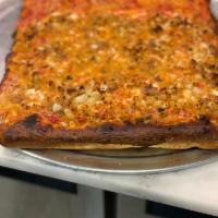 Sfincione Old World Siciliano · Mozzarella Cheese On Bottom, Imported San Marzano Tomato Sauce On Top With Breadcrumbs, Onio...