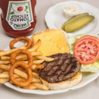 Cheese Burger Deluxe · Include french fries, onion rings, lettuce and tomato. 