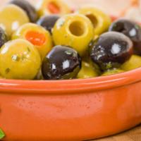 Mix Olives · Home marinated green, black and kalamata olives. 