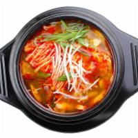 Sun-Du-Bu · Soft tofu soup. A spicy stew soup with soft tofu and your choice of kimchi, seafood, beef or...