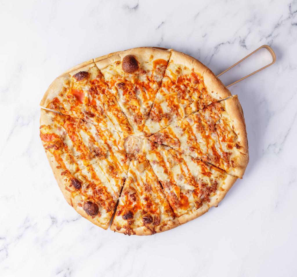 Spicy CBR Pizza · Hot sauce, chicken, bacon, mozzarella cheese and topped with ranch dressing.