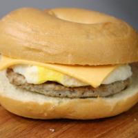 Sausage Egg & Cheese on a Plain Bagel · Farm-fresh egg, natural Tillamook cheese, and 65% lean Jonesfarm sausage patty on a plain ba...