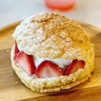 Strawberry Cream Soboro · Sweet bun with peanut crumb toppings on top with fresh strawberry and fresh cream inside. Co...