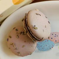 Blueberry Lavender Macaron · Blueberry lavender flavored macaron. Contains egg, milk, soy, peanut and tree nut.