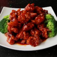General Tso's Chicken · Dark meat. Spicy. Crispy chunks of chicken sautéed with steamed broccoli in a special tangy ...
