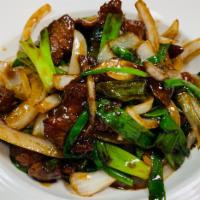 Beef with Scallion · Stir-fried beef and scallions. Served with choice of rice.