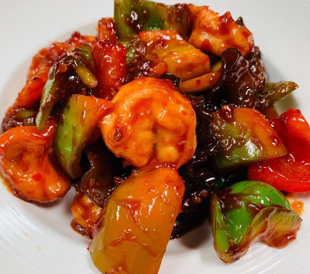 Shrimp with Garlic Sauce · Stir fried jumbo shrimp in a garlic sauce. Served with choice of rice. Spicy.