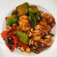 Kung Pao Shrimp · A szechuan-inspired dish with shrimp, peanuts and vegetables in spicy chilli sauce. Served w...