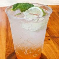 Mango mint ale · Mango juice mixed with seltzer with lime and mint leaves