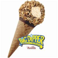 Big Dipper Vanilla Ice Cream Cone · Vanilla flavored reduced fat ice cream in a sugar cone dipped in chocolaty coating topped wi...