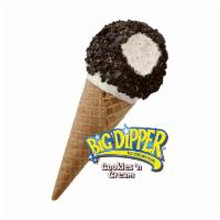 Big Dipper Cookies and Cream Ice Cream Cone · Vanilla flavored reduced fat ice cream with cookie pieces in a sugar cone dipped in white ch...