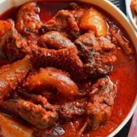 Assorted Beef Stew · Mixed beef cooked in tomato-based Nigerian spiced stew.
One plate includes 5 pieces of assor...