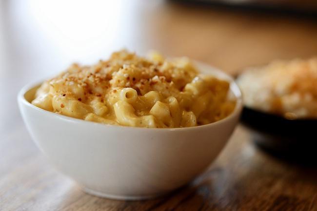 Mac & Cheese · Freshly made Three cheese Mac and Cheese, topped with roasted breadcrumbs
